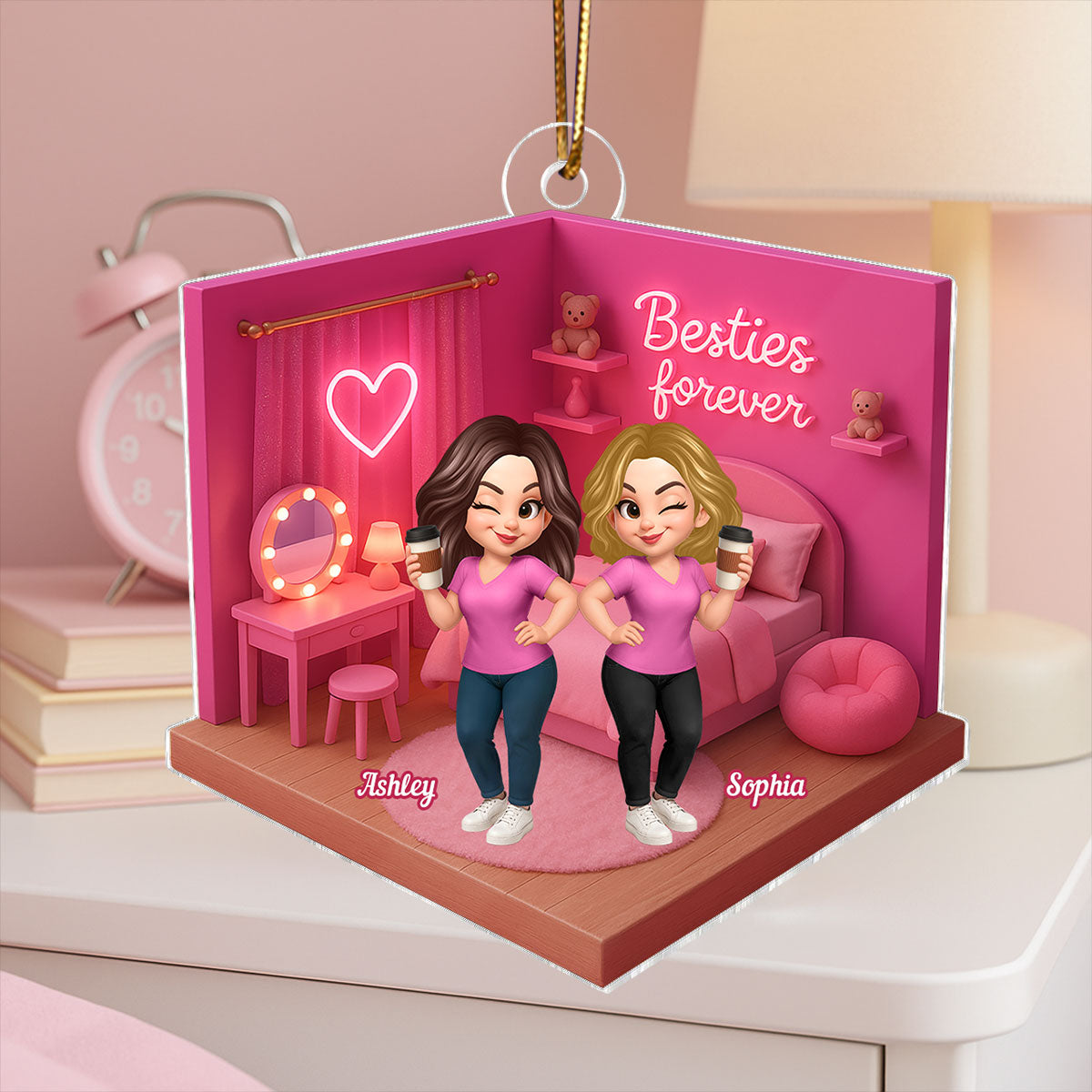 3D Effect Besties Pink Tone Dream Dollhouse Personalized Flat Acrylic Ornament