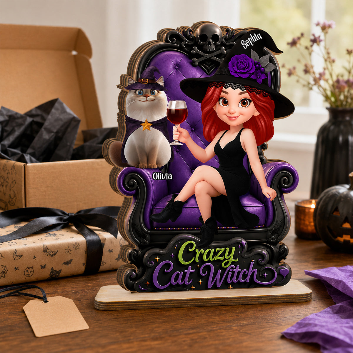 Crazy Cat Witch Halloween - Personalized 2-Layered Wooden Plaque - Halloween Decor for Cat Lovers