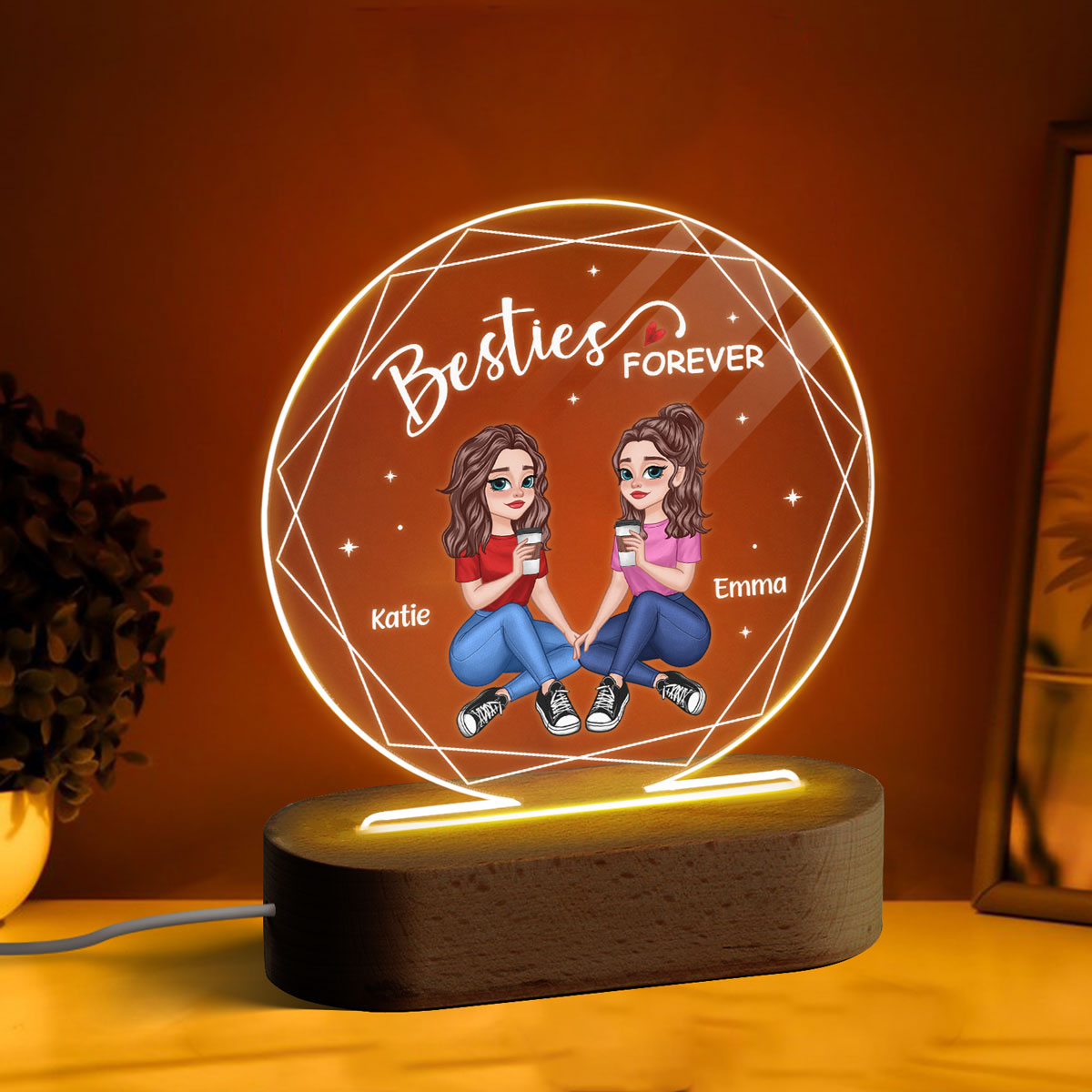 Hexagon Frame Pretty Cartoon Besties Sitting Sisters Forever Personalized Circle Acrylic Plaque With LED Night Light