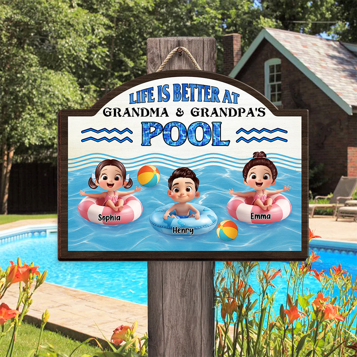 Life is Better at Grandma & Grandpa Pool Personalized Wooden Door Sign, Grandparents Hosting Grandkids Welcome Sign
