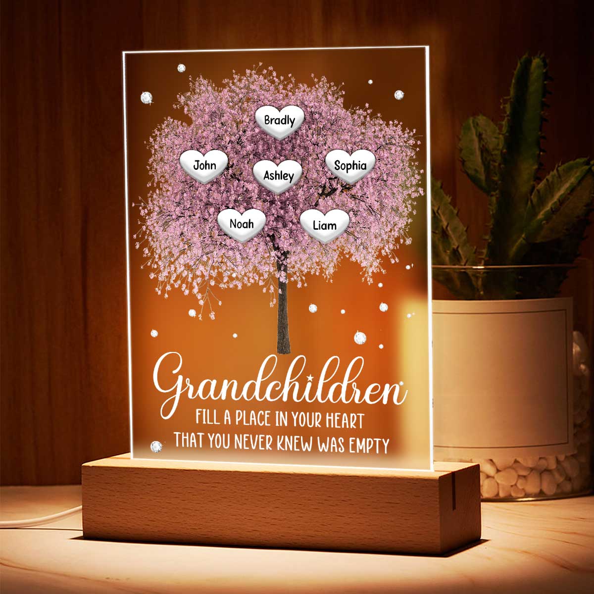 Grandkids Name Blossom Tree Personalized Rectangle Acrylic Plaque With LED Night Light