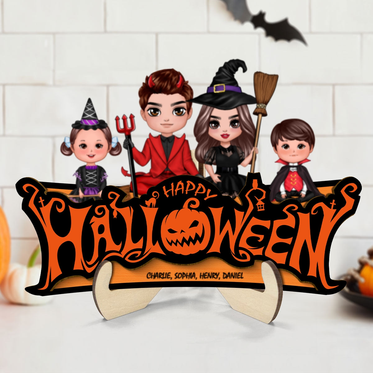 Happy Halloween Jack O Lantern Spooky, Family Sitting - Personalized 2-Layered Wooden Plaque