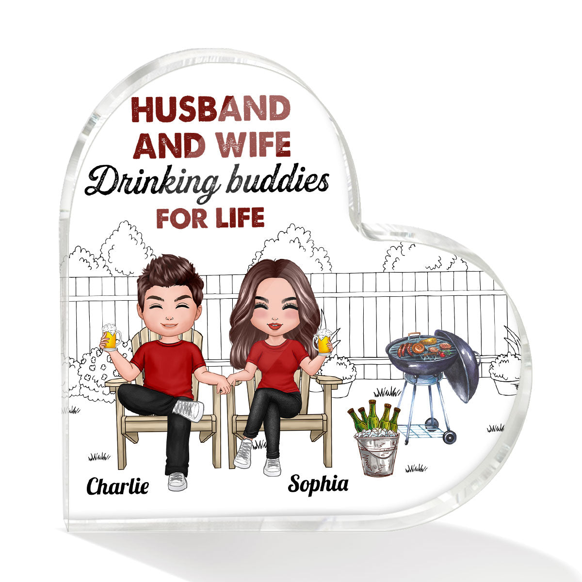 Grilling Drinking Couple Personalized Acrylic Heart Plaque