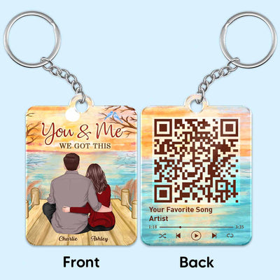 Back View Couple Sitting On Bridge Reflection Lake Favorite Song Scannable QR Code Personalized Acrylic Keychain