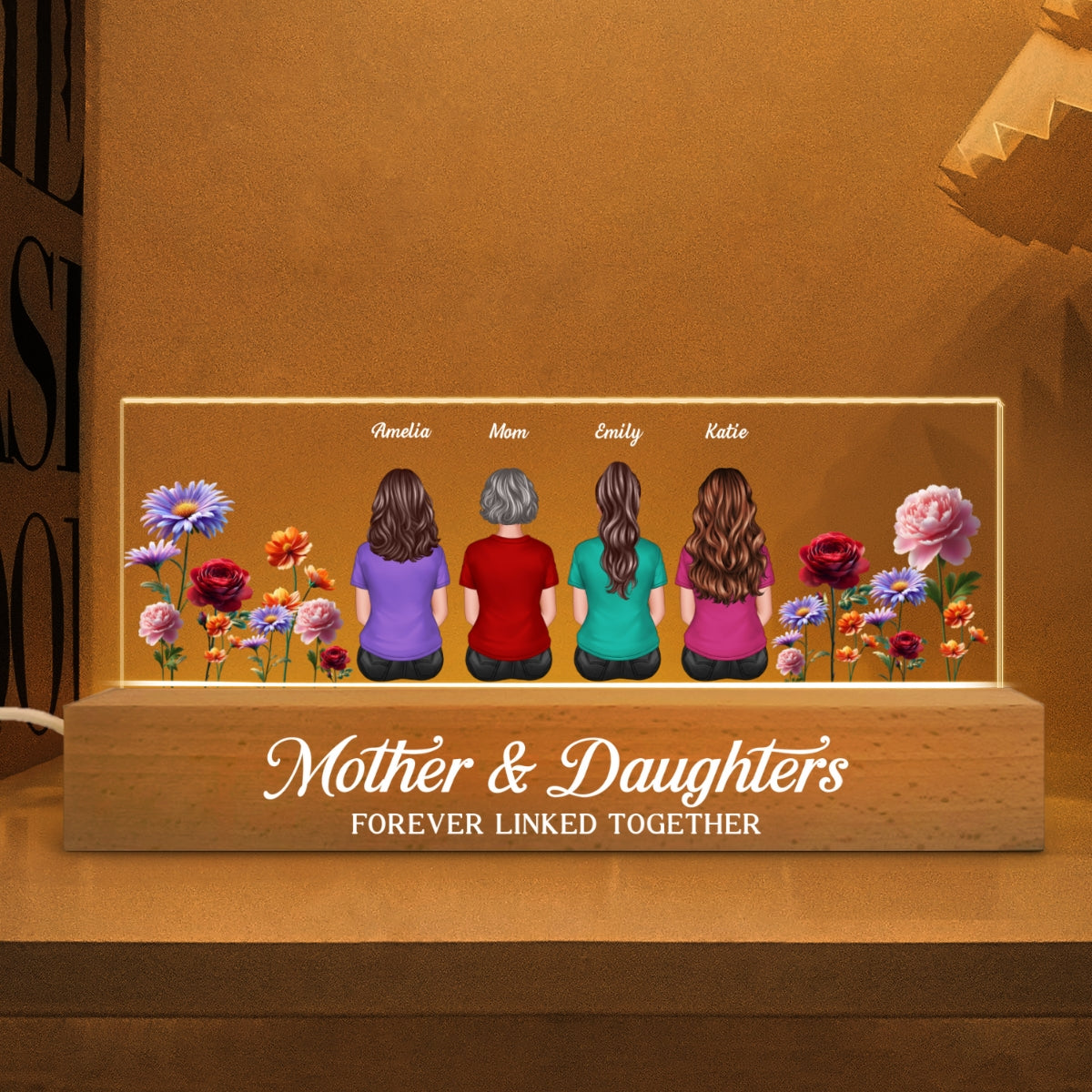 Mother & Daughters Sons Forever Linked Together 3D Effect Birth Month Flowers Personalized Acrylic Block LED Night Light