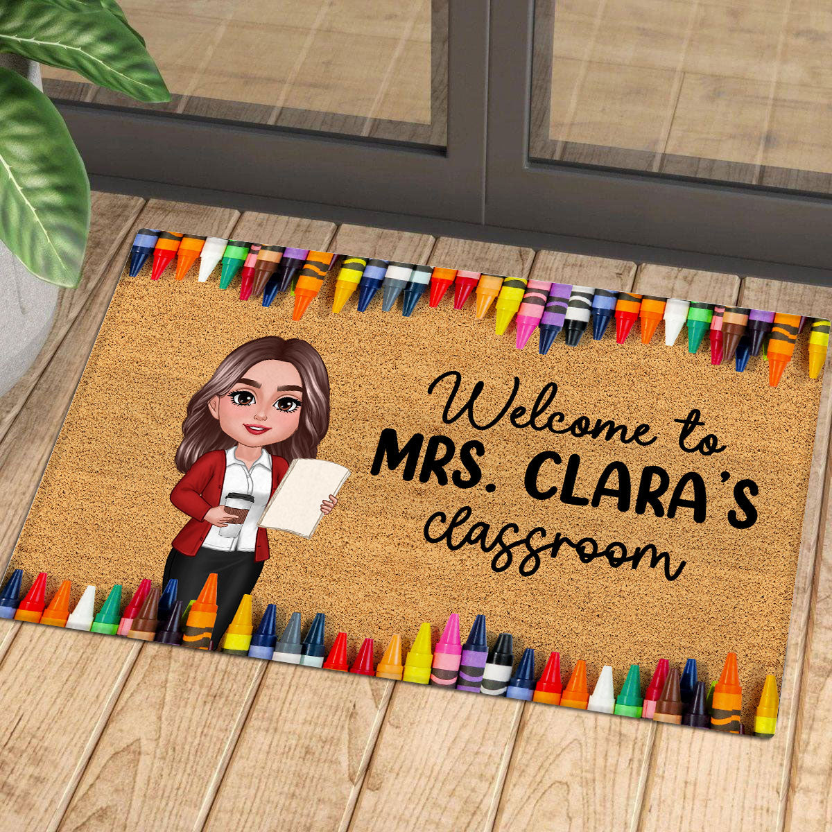 Teacher Classroom Crayon Border - Personalized Doormat - Back To School Gift, Classroom Decoration