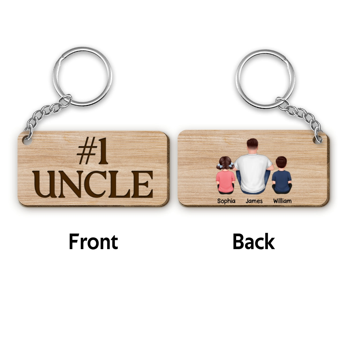 Best Uncle Ever Back View Man Kids Dog Cat Personalized Wooden Keychain