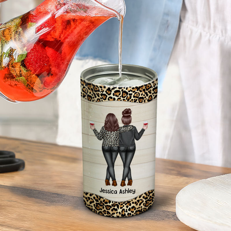 Back View Besties Leopard Personalized Multiple Use 4 In 1 Can Cooler Tumbler