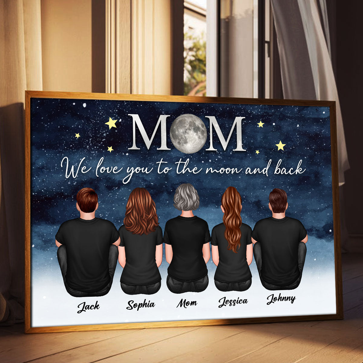 Mom And Kids Sitting Under Starry Night We Love You To The Moon And Back Personalized Poster, Gift For Mom