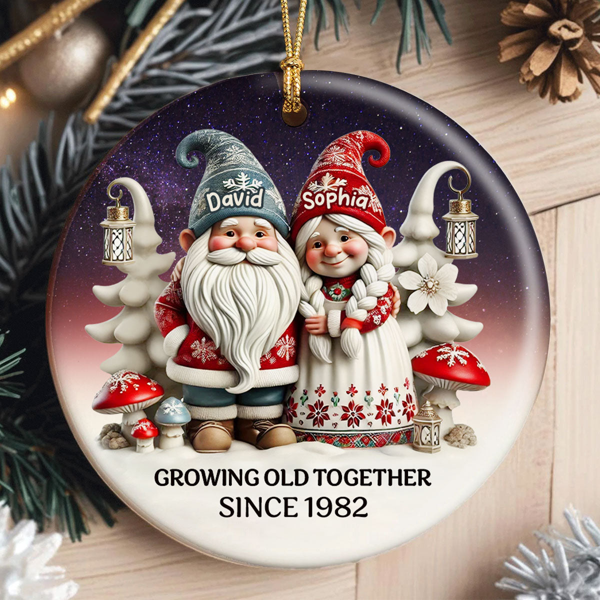 Gnome Couple Together Christmas Personalized Ceramic Ornament, Christmas Gift For Him, For Her, Husband, Wife