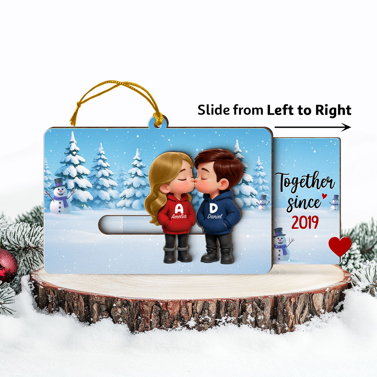 3D Effect Cartoon Couple Kissing - Personalized Slider Ornament - Christmas Gift For Him For Her