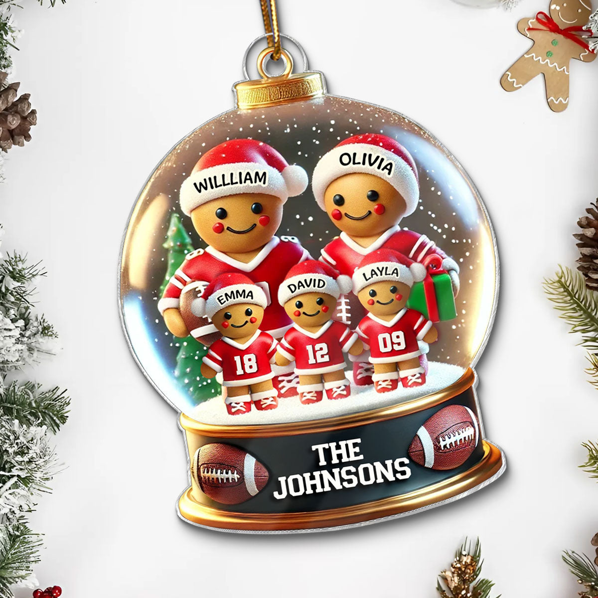 Football Gingerbread Family Sport Lover 3D Effect Personalized Acrylic Ornament
