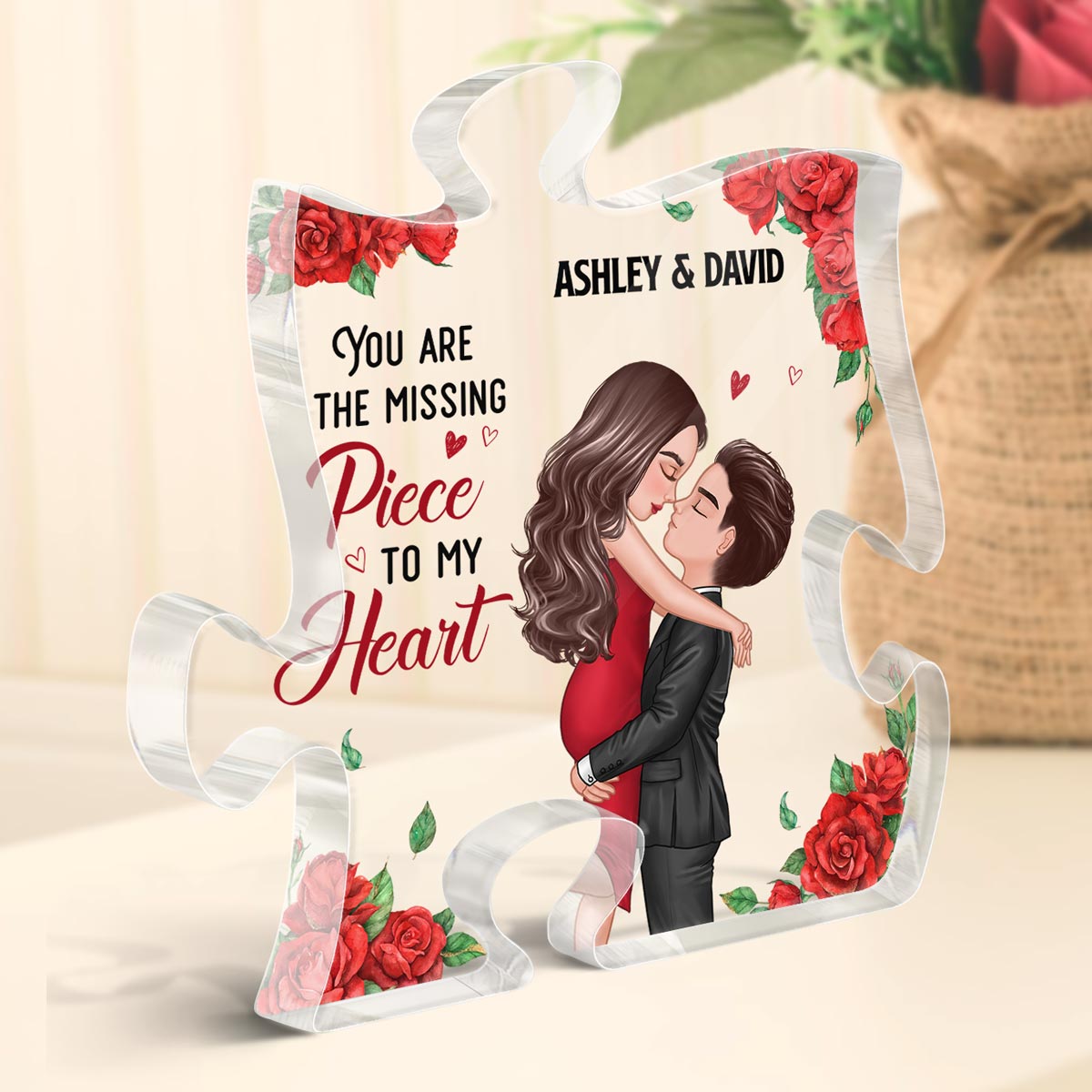 Rose Pattern You Are My Missing Piece Doll Couple Hugging Kissing Gift For Him For Her Personalized Puzzle Acrylic Plaque