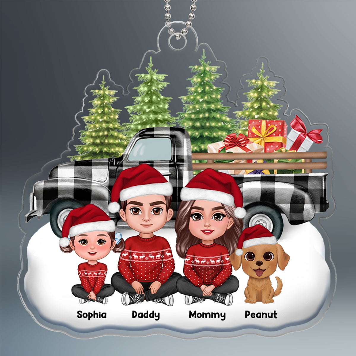 Buffalo Plaid Christmas Truck Family Dad Mom Kids Dogs Cats Crossed Legs Sitting Personalized Acrylic Ornament