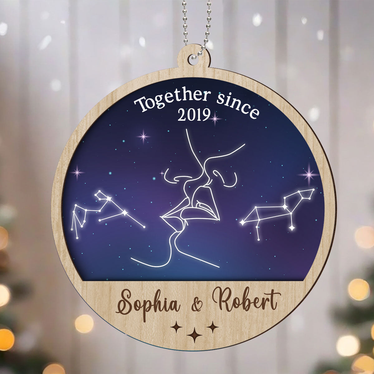 Couple Kissing Outline Zodiac Galaxy Sky Personalized 2-Layer Wooden Ornament