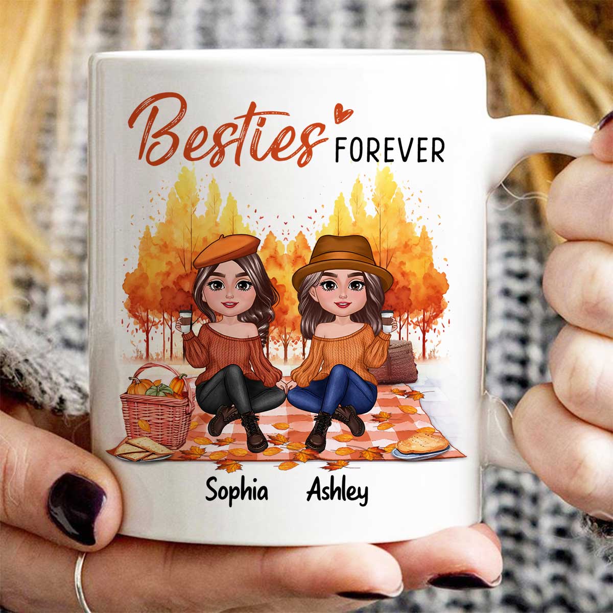 Fall Season Besties Best Friends Pretty Women Picnic Autumn Themed Personalized Mug