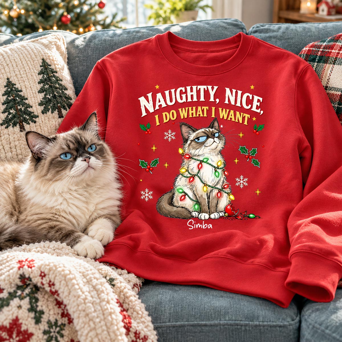 Meowy Catmas Bossy Cat Portrait From Your Photo - Personalized Shirt - Funny Festive Christmas Gift For Cat Lovers
