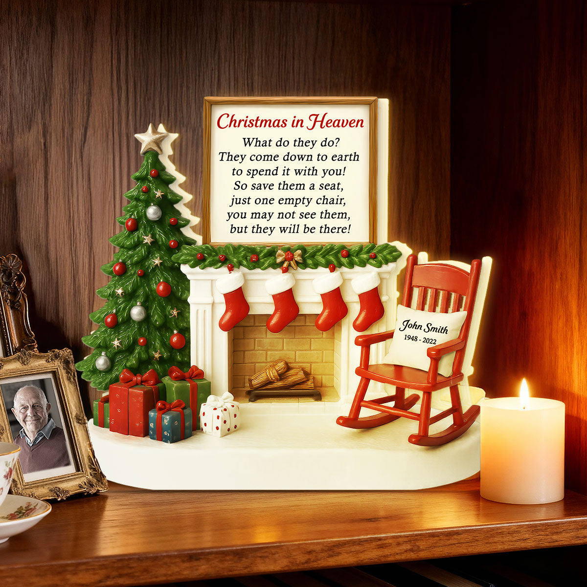 3D Effect Christmas In Heaven Chair At Fireplace - Personalized Light Box - Christmas Memorial Keepsake For Family