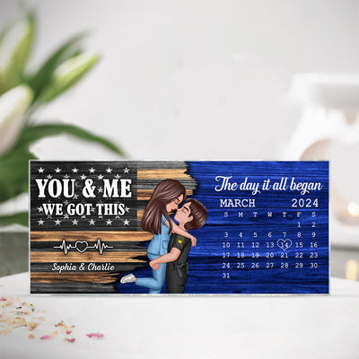 Hero Couple Hugging Kissing Half Flag Anniversary Calendar Keepsake  Gift by Occupation Personalized Acrylic Block Plaque