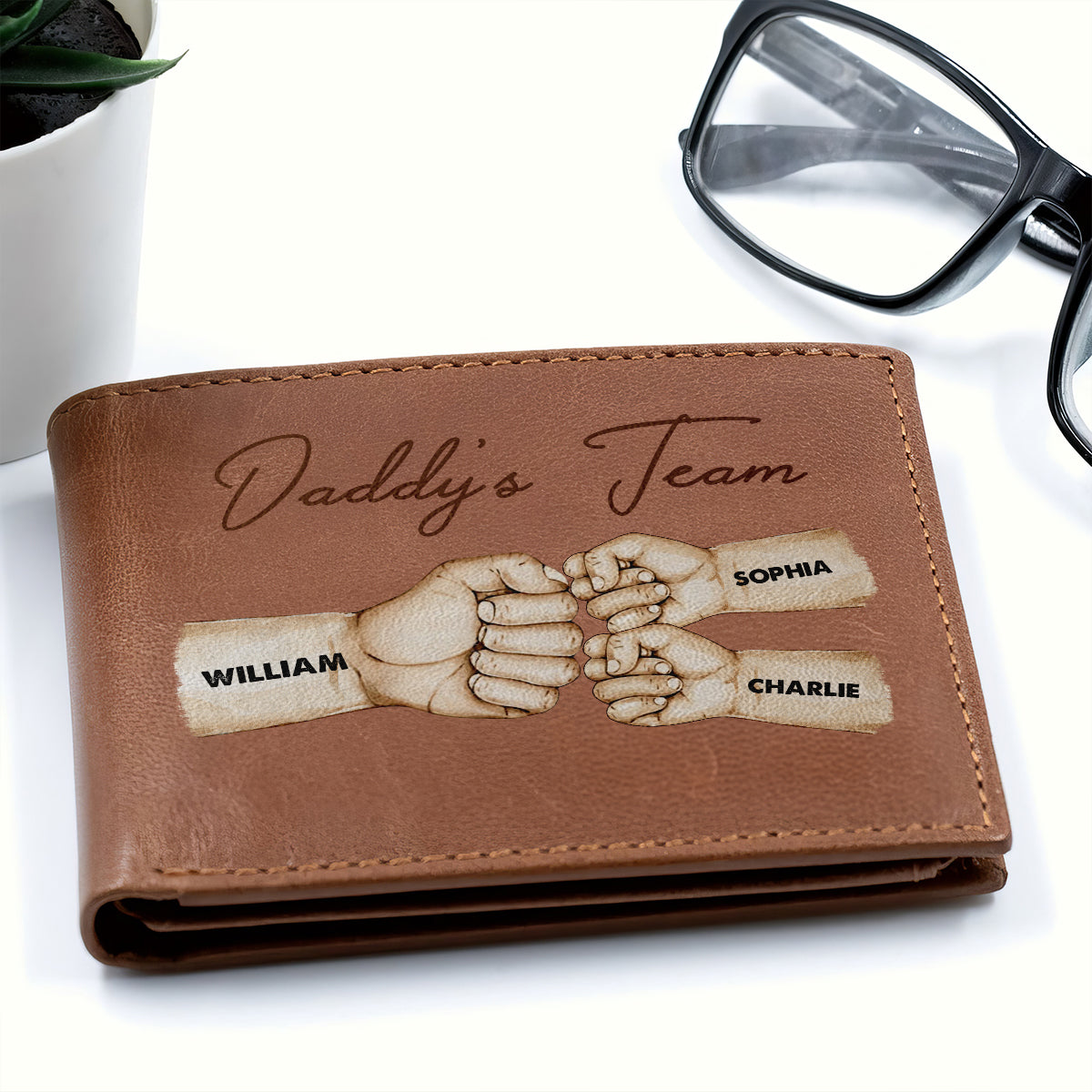 Daddy‘s Team Fist Bump Best Dad Ever Personalized Printed Leather Wallet, Gift For Husband, Dad