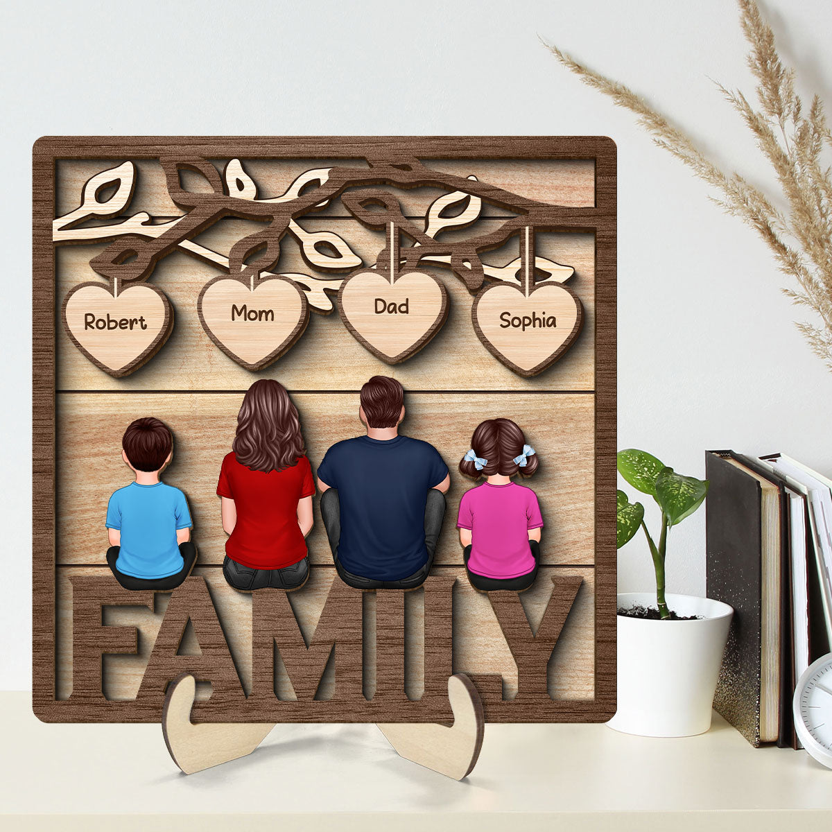 Family Dad Mom Kids Dogs Cats Sitting On Word Under Tree Personalized 2-Layer Wooden Plaque