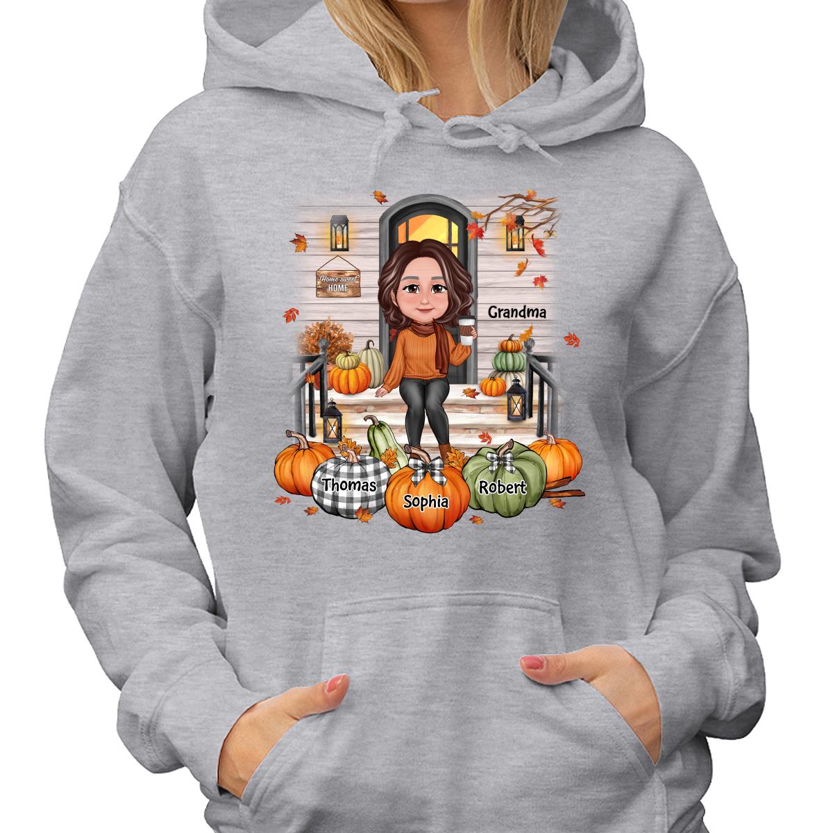 Fall Season Grandma Mom Front Porch Pumpkins Personalized Shirt