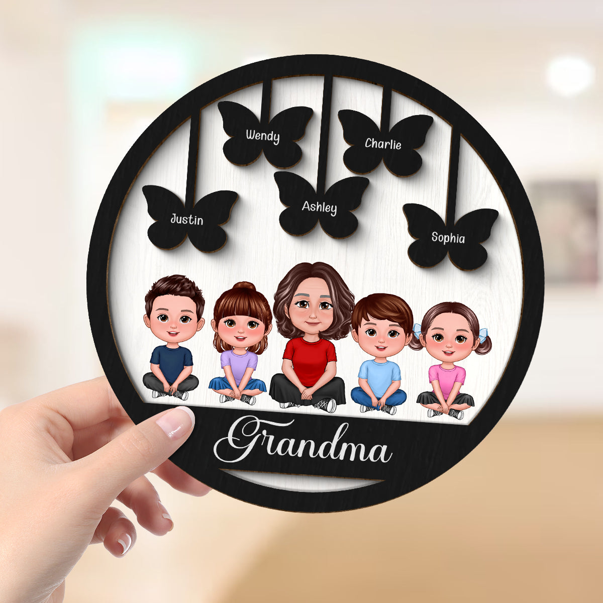 Grandma Grandkids Crossed Legs Butterflies Personalized 2-layer Wooden Plaque