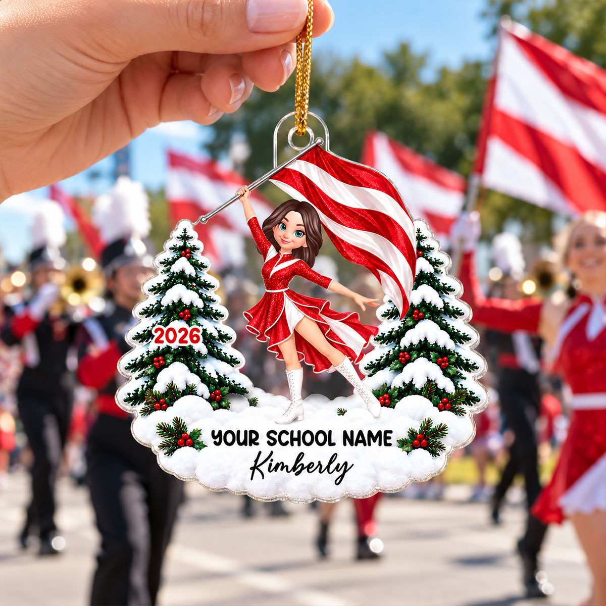 Color Guard Girl Custom Name & School Name - Personalized Acrylic Ornament - Christmas Gift For Color Guard Girls, Marching Band Members, Daughter, Granddaughter