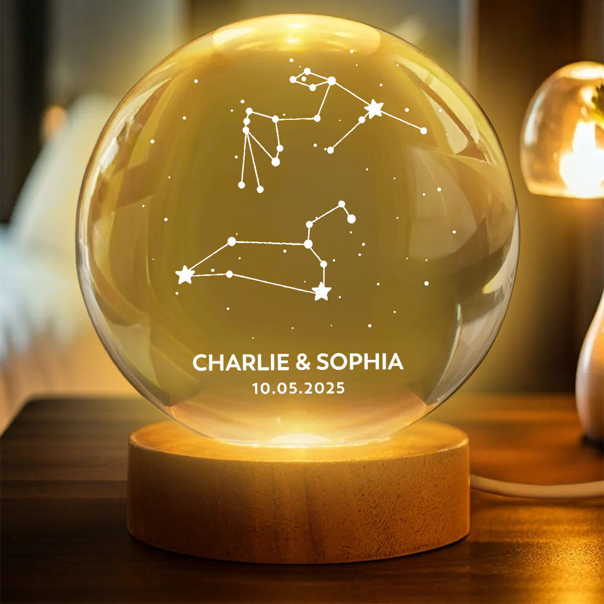 Couple Zodiac Constellation Astrology Star Sign Art - Personalized Crystal Ball LED Night Light - Gift For Couple