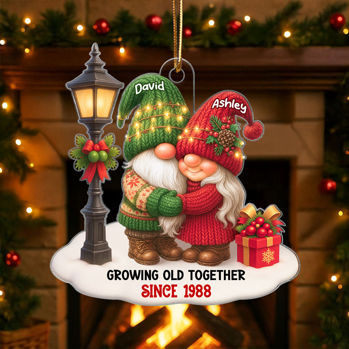Gnome Christmas Couple Growing Old Together Personalized Acrylic Ornament, Gift for him, for her