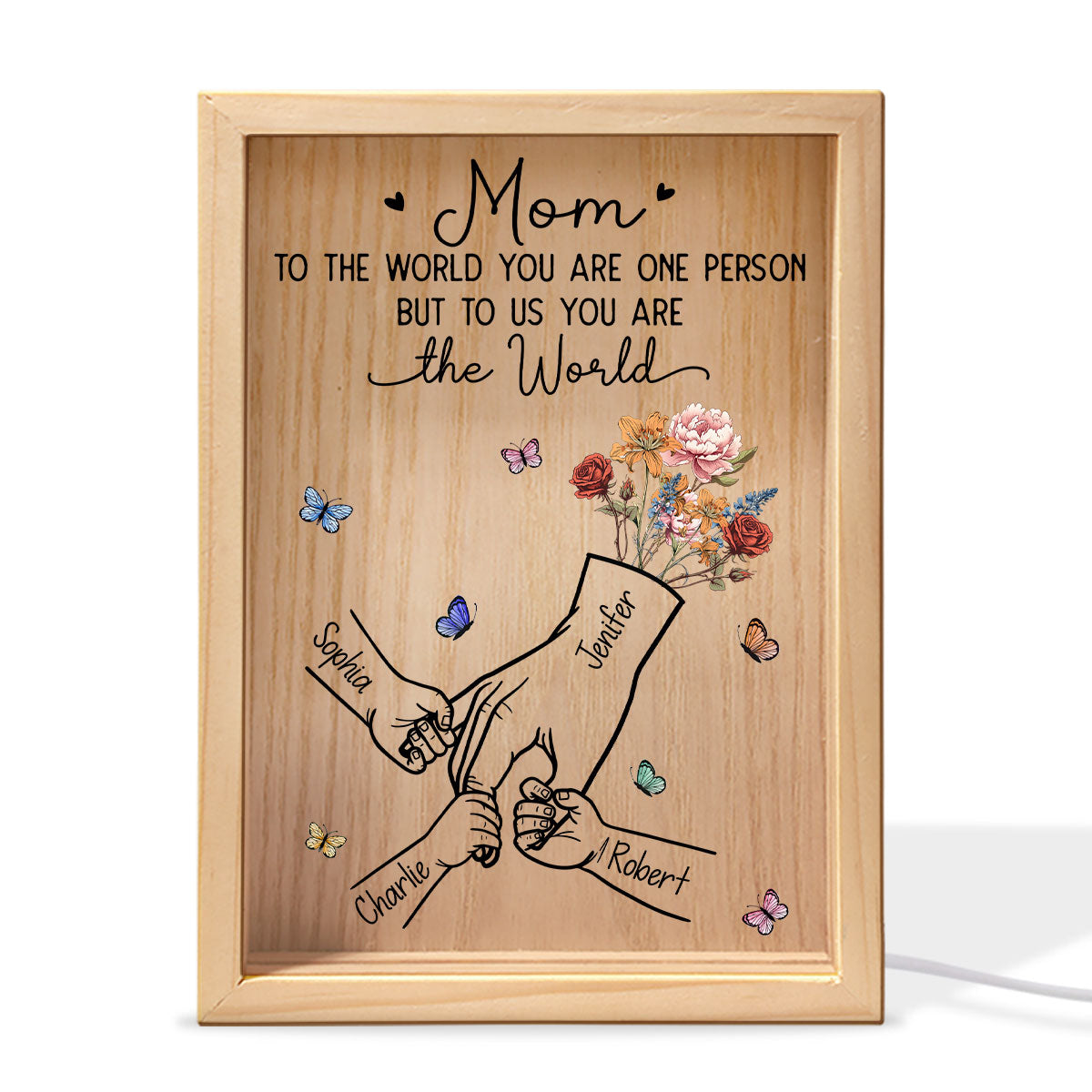 Kids Holding Mom‘s Hand Vintage Birth Month Flowers Gift For Mom Personalized Wooden Frame Light Box