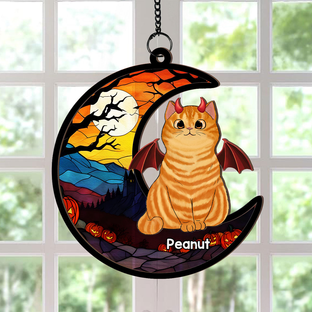 Halloween Cat On Moon Personalized Suncatcher, Halloween Decoration