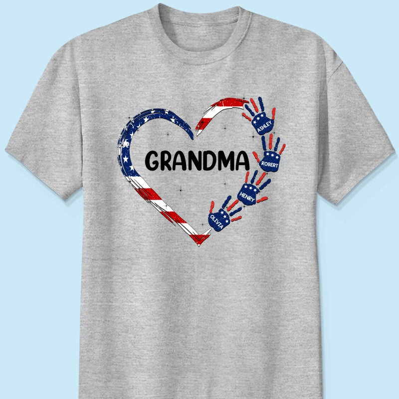 Grandma Mom Heart Handprints 4th Of July Independence Day Personalized Shirt