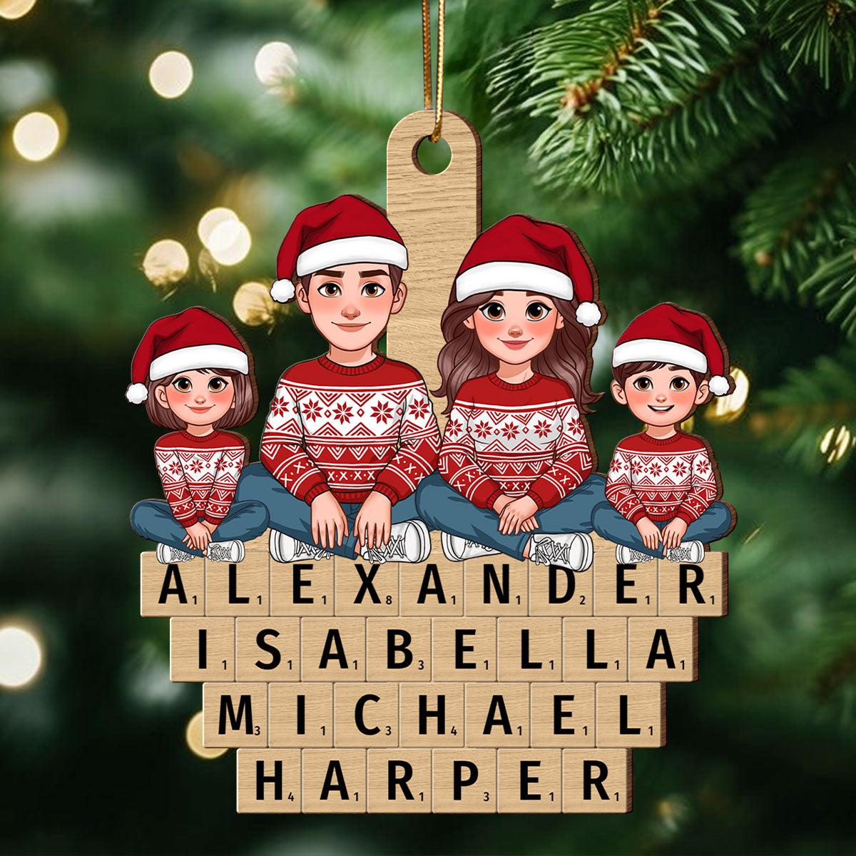 Animated Family Sitting On Wooden Blocks Names Personalized Wooden Ornament, Christmas Gift For Family