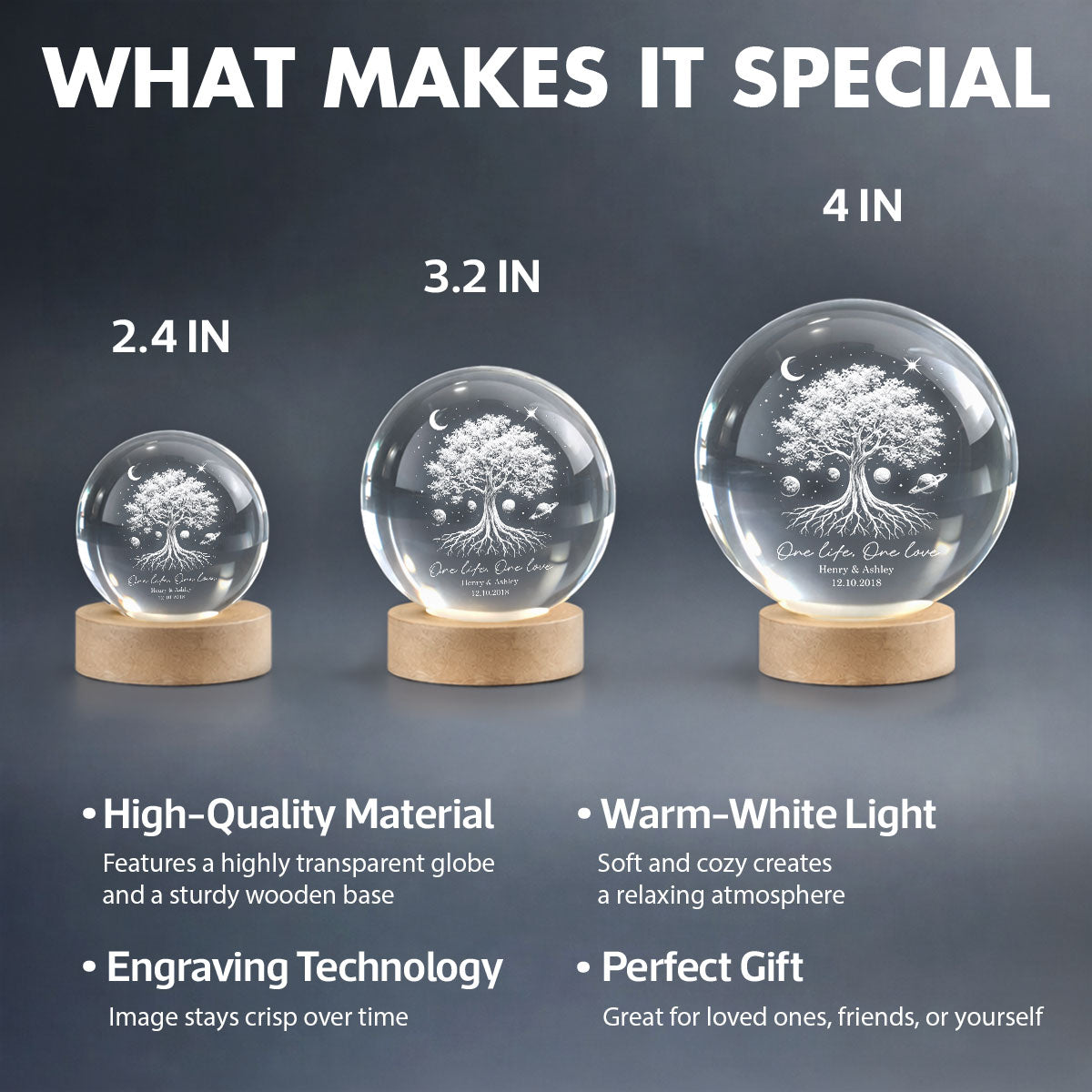 One Life One Love Couple Tree of Life - Personalized Crystal Ball LED Night Light - Sentimental Gift for Her, for Him, Couple Keepsake