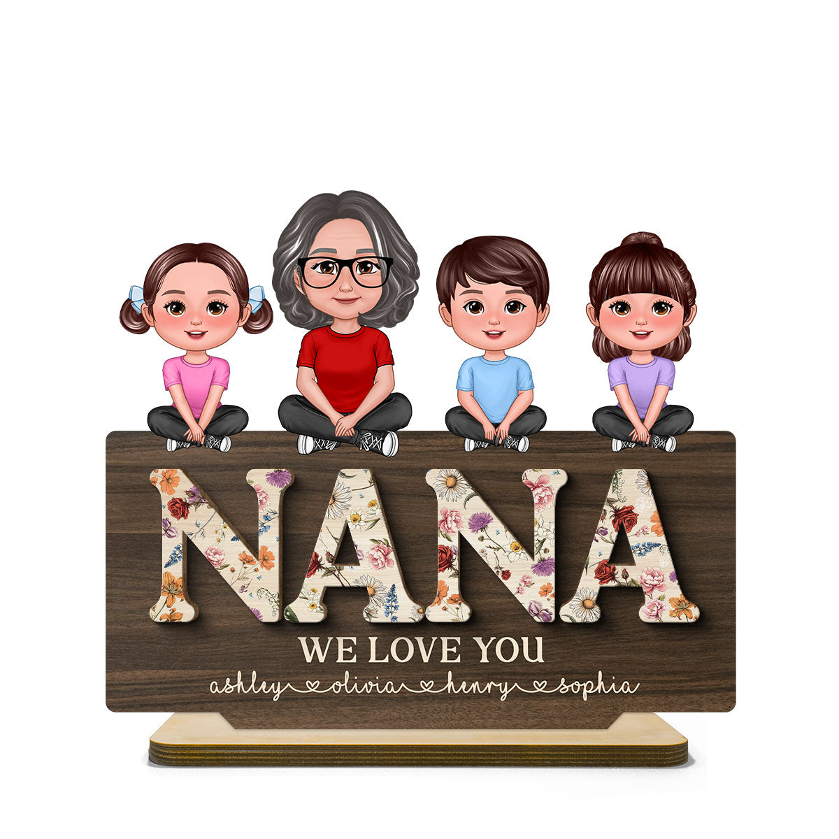 Mom Grandma We Love You Woman & Kids Crossed Legs Vintage Flowers Personalized 2-Layer Standing Wooden Plaque