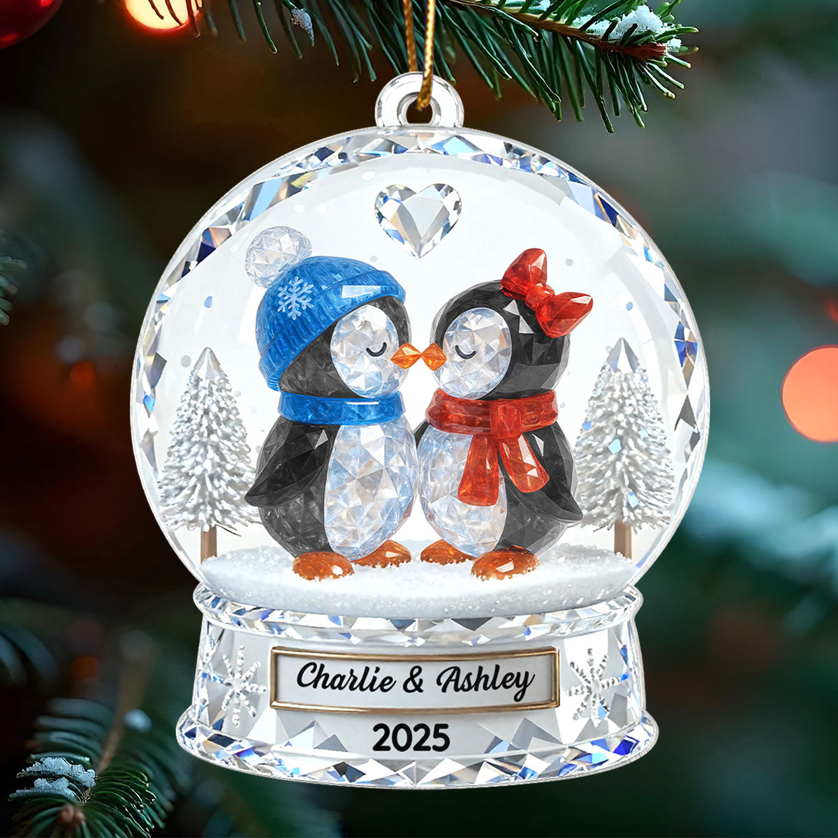 Penguin Couple 3D Crystal Effect - Personalized Acrylic Ornament - Christmas Gift for him, Gift for her