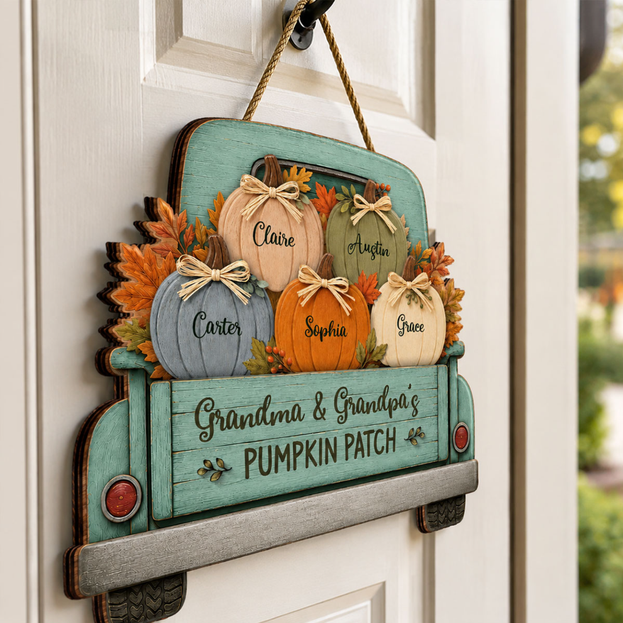 Grandma Grandpa's Pumpkin Patch Truck 2D Flat Printed - Personalized Door Hanger - Fall Season Decor For Grandparents
