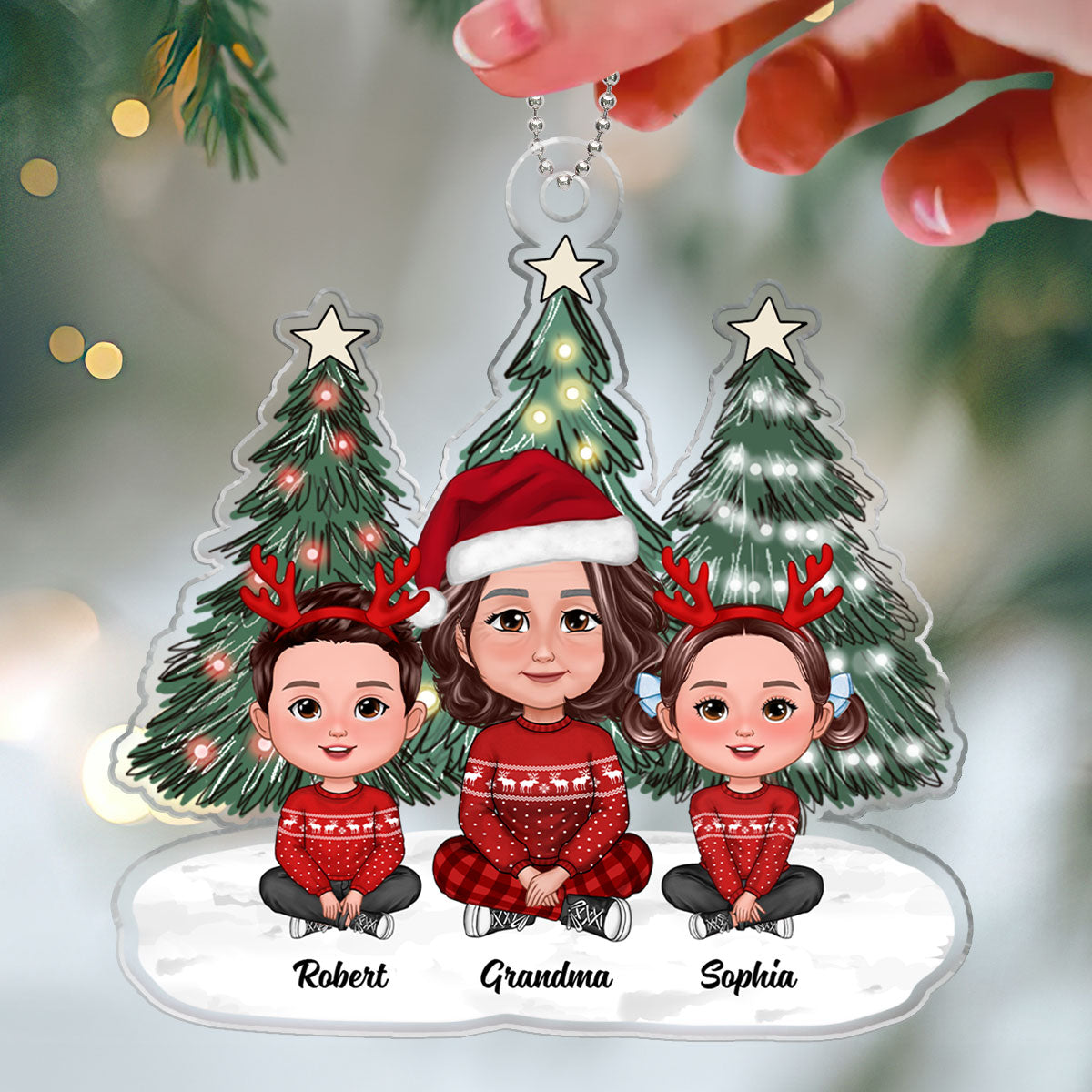 Christmas Green Tree Lights Cute Grandma & Grandkids Sitting Personalized Acrylic Ornament