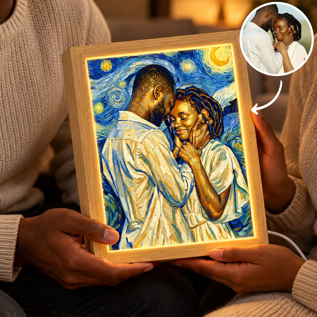 Custom Couple Van Gogh Portrait from Photo - Personalized Mirror Light Box - Heartfelt Anniversary Gift for Her, for Him, Christmas Keepsake