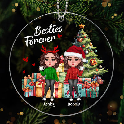 Besties Sisters Friends Sitting On Christmas Gifts Personalized Acrylic Ornament