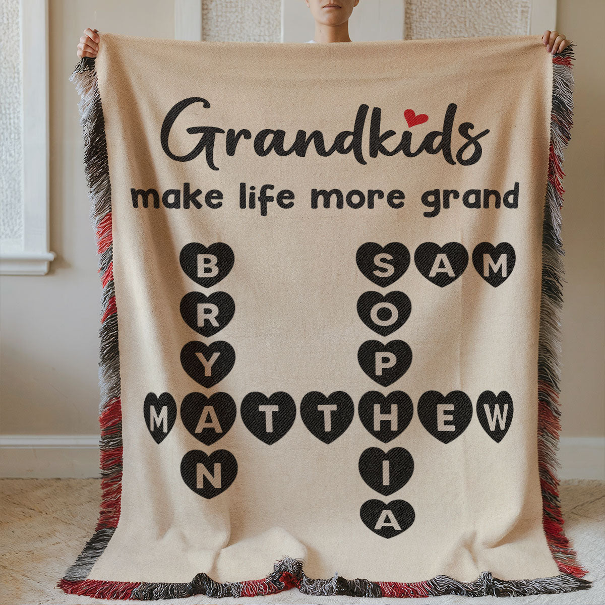 Grandkids Make Life Grand Heartfelt Crossword Puzzle Art Gift For Grandma Personalized Tapestry Woven Blanket