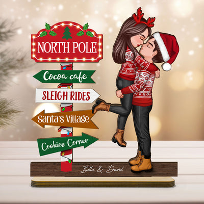 Couple Hugging North Pole Sign Christmas Decor Personalized 2-Layer Standing Wooden Plaque