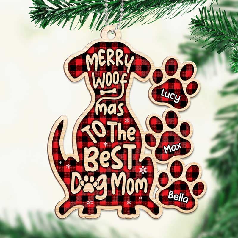 Merry Woofmas Dog Paw Checkered Personalized Wooden Ornament