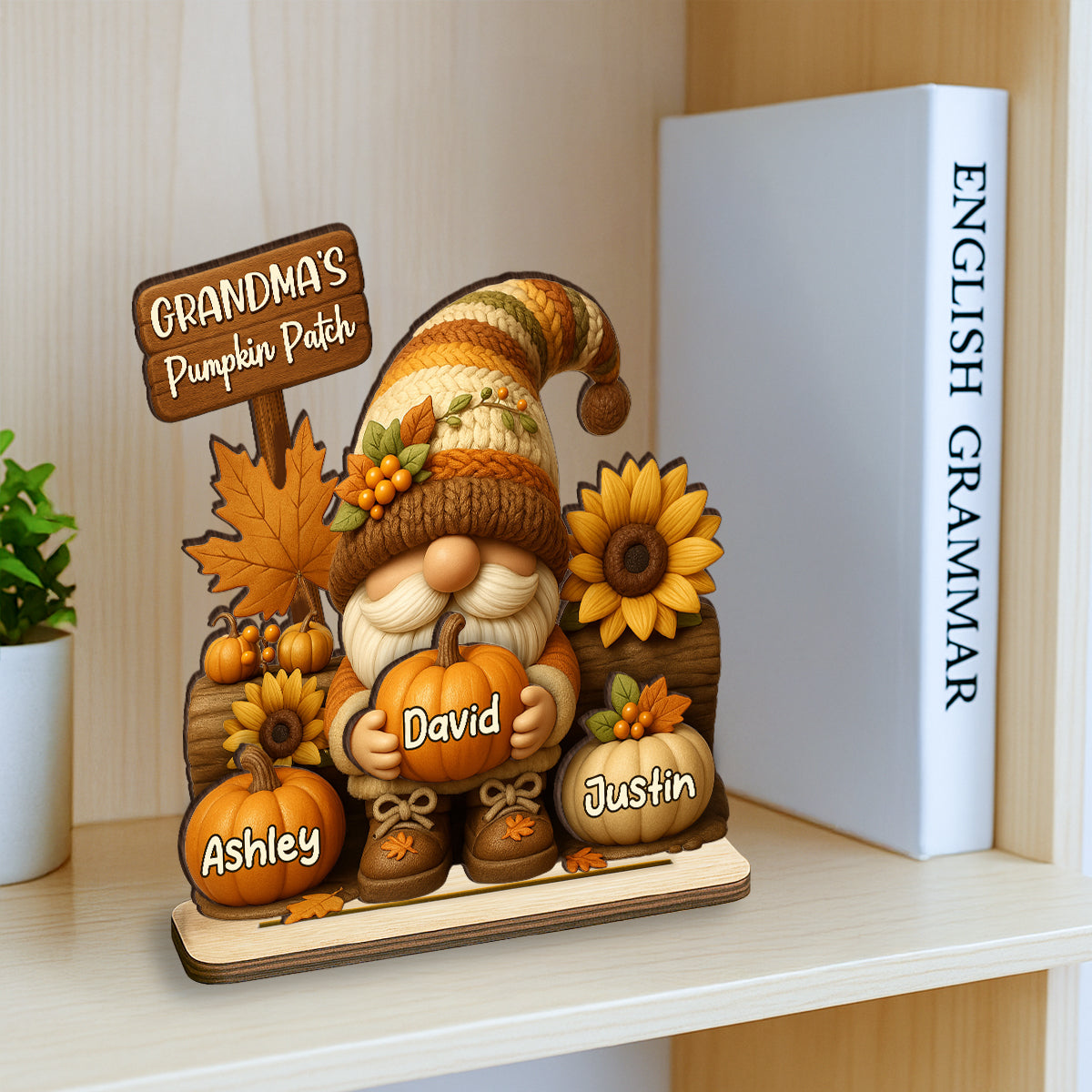 Gnome Grandma's Pumpkin Patch Personalized Standing Wooden Plaque, Fall Decor for Grandma