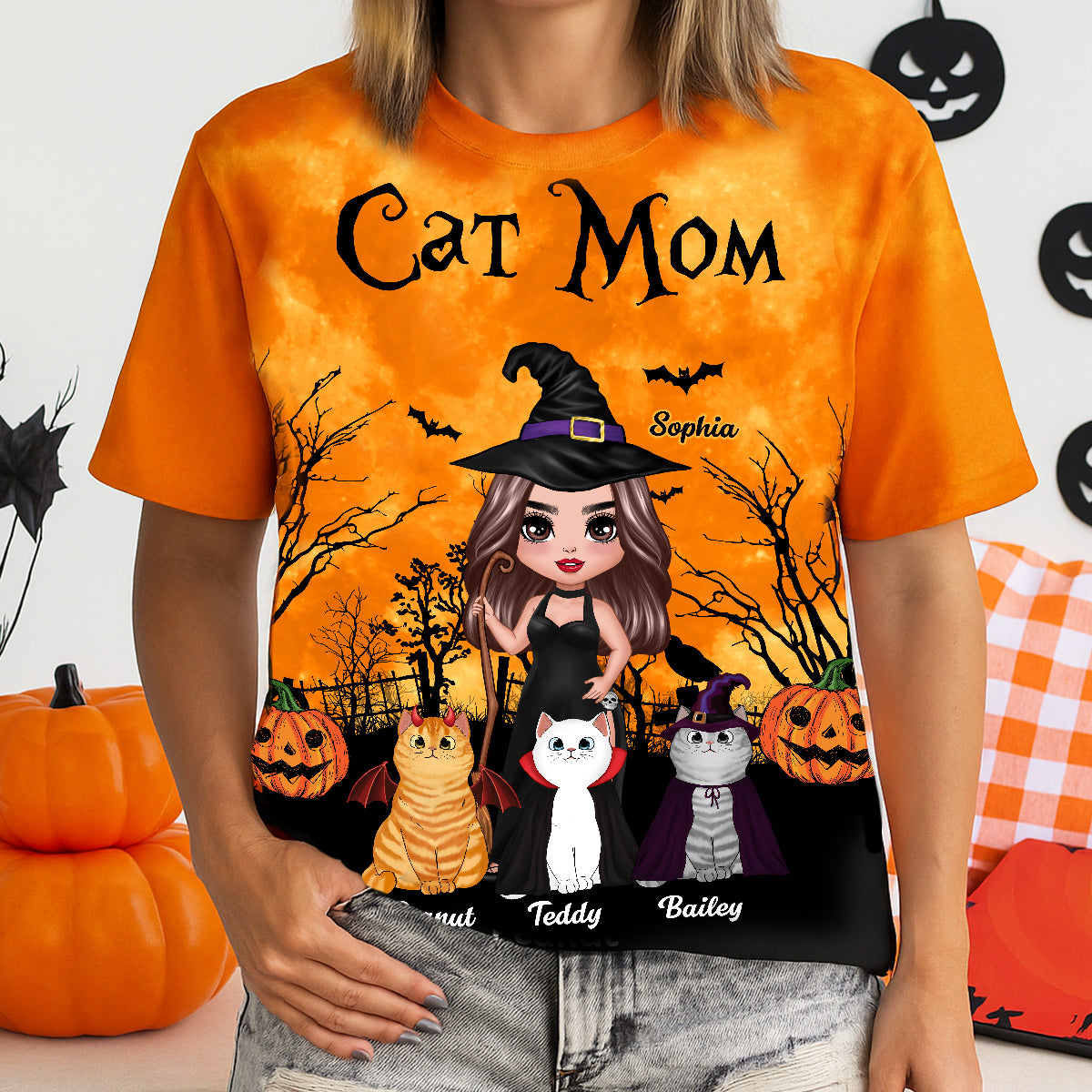 Witch Cat Mom Halloween Moon Light Bat Tree Personalized Shirt, Purrfect Costume for Cat Lover