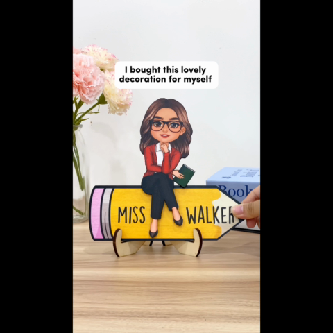 Doll Teacher Sitting On Pencil - Personalized 2-Layered Wooden Plaque - Gift For Teacher
