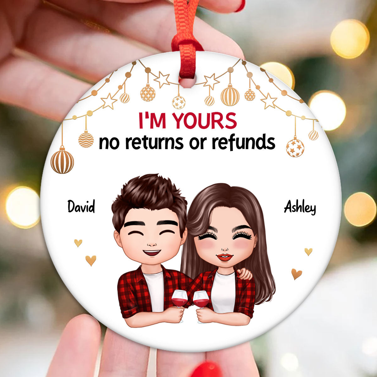 Doll Couple Hugging Holding Drinks Christmas Personalized Circle Ornament