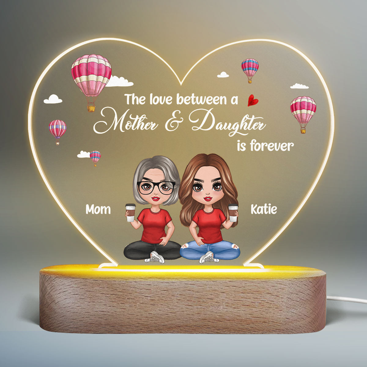 Mom Daughters Air Balloon Mother‘s Day Gift Personalized Heart Plaque LED Night Light