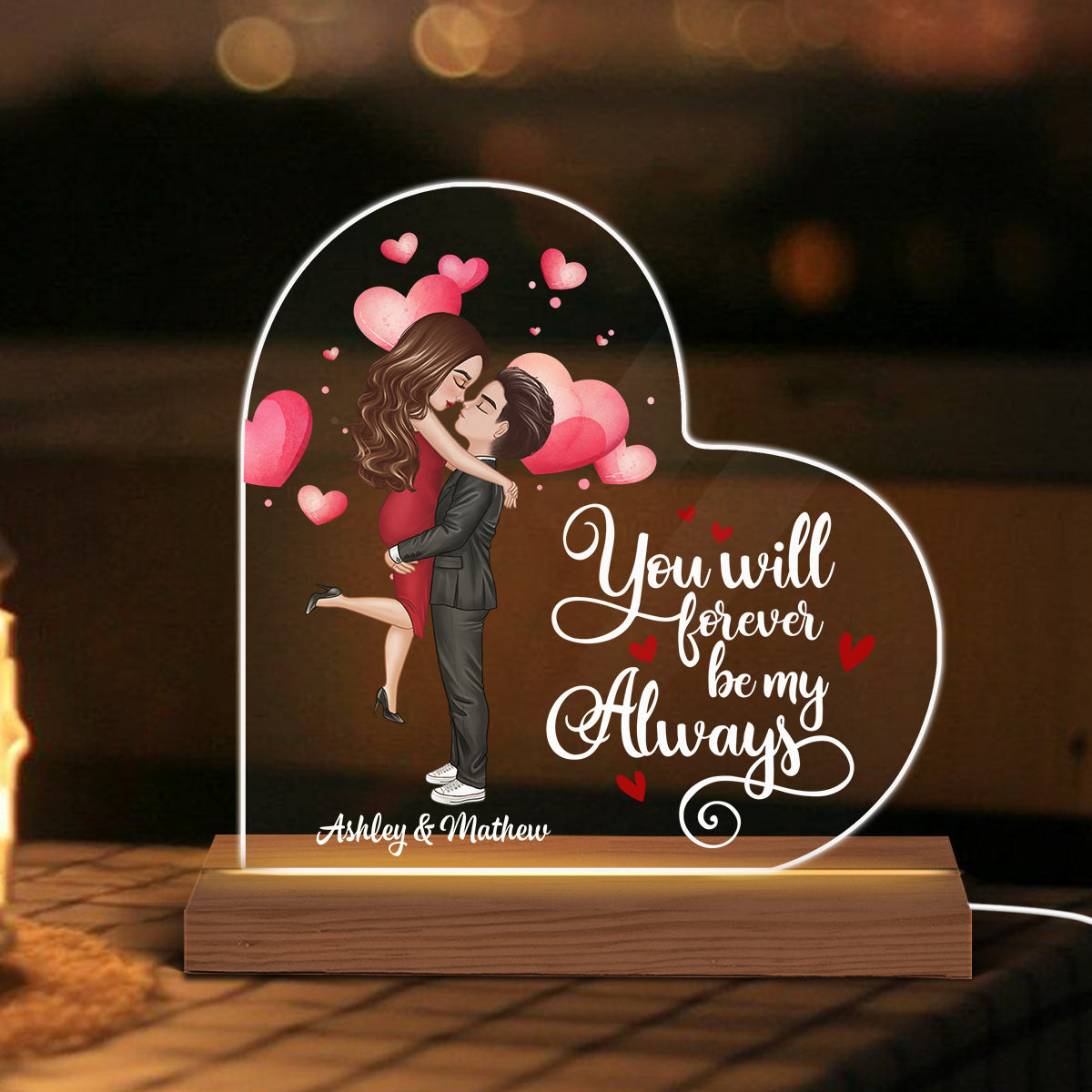 Watercolor Hearts Doll Couple Hugging Kissing Gift For Him For Her Personalized Custom Shape LED Night Light